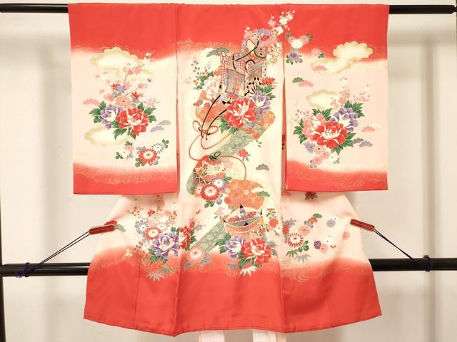 平和屋着物[]お宮参り　女の子　祝着　産着　初着　のしめ　糸車　御所車花文　暈し染め　金彩　逸品　..