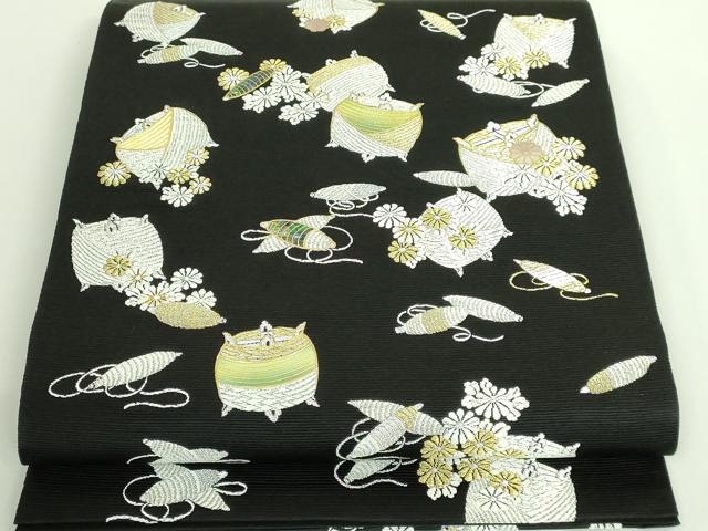 平和屋着物■極上　六通柄袋帯　唐織　螺鈿　糸車花文　黒地　金彩　逸品　DZAA9311kh5