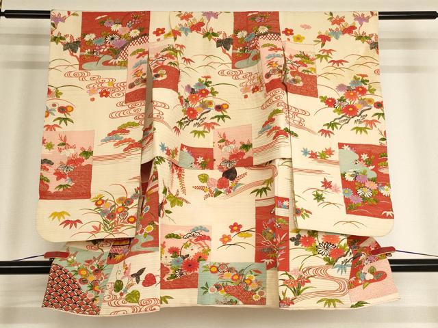 平和屋着物[]セミアンティーク　七五三　女の子　3歳　祝着　三つ身　色紙草花文　金彩　正絹　逸品　AABE2249ja