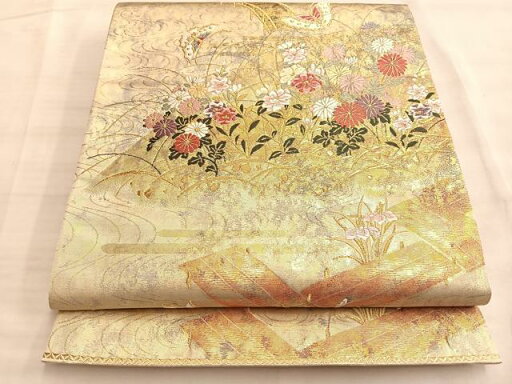 平和屋着物●六通柄袋帯 唐織 八ツ橋舞蝶秋草文 金糸 正絹 逸品 BAAK1117du 平和屋着物●六通柄袋帯 唐織 八ツ橋舞蝶秋草文 金糸 正絹 逸品 BAAK1117du