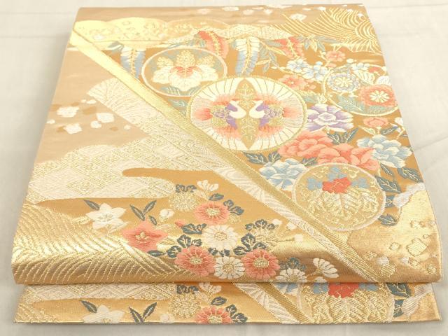 平和屋着物◎六通柄袋帯　扇面向かい鳥花文　金銀糸　正絹　逸品　AAAL5495az