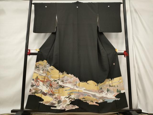 平和屋着物■豪華黒留袖　作家物　駒刺繍　風景文　金彩　正絹　逸品　AABD9547st