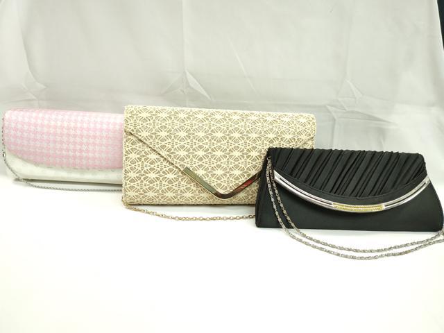 平和屋着物▼和装小物　和装バッグまとめて3点　千鳥格子　ハート　ピンク×白　黒サテン　クラッチ　チェーン　金糸　逸品　CABD8503ju