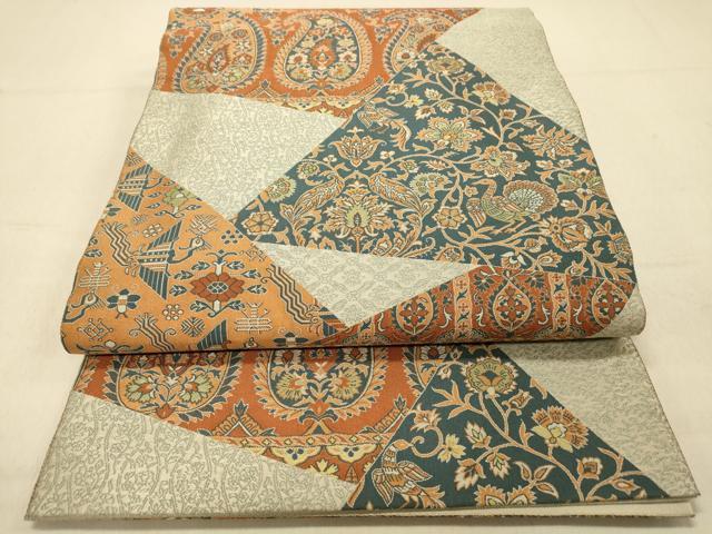 平和屋着物◎山喜織物謹製　萬葉　紹巴　全通柄袋帯　切嵌更紗花文　正絹　逸品　DAAZ3545jm