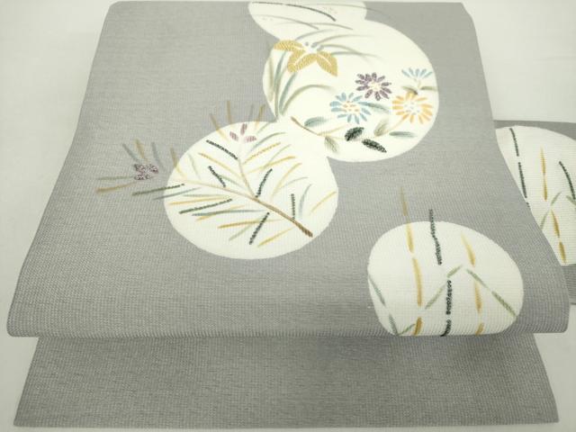 平和屋着物●中国三大刺繍　相良刺繍　九寸名古屋帯　手描き　花丸文　金彩　正絹　逸品　未使用　DABA1815ps