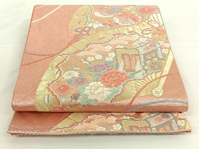 平和屋着物◎六通柄袋帯　唐織　檜扇御所車花鳥文　金銀糸　正絹　逸品　AAAN9904jh