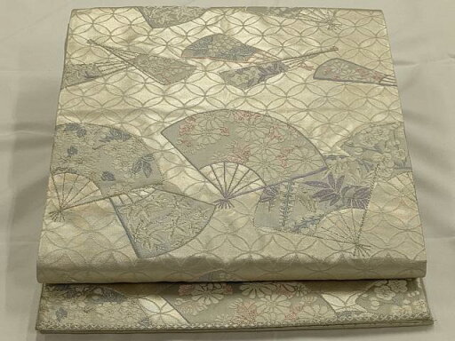 平和屋着物◎六通柄袋帯 唐織 扇面吉祥花文 銀糸 正絹 逸品 AAAO7165ou 平和屋着物◎六通柄袋帯 唐織 扇面吉祥花文 銀糸 正絹 逸品 AAAO7165ou