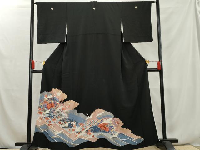 平和屋着物■豪華黒留袖 桧扇飛鶴花文 金彩 正絹 逸品 AAAX5728cs