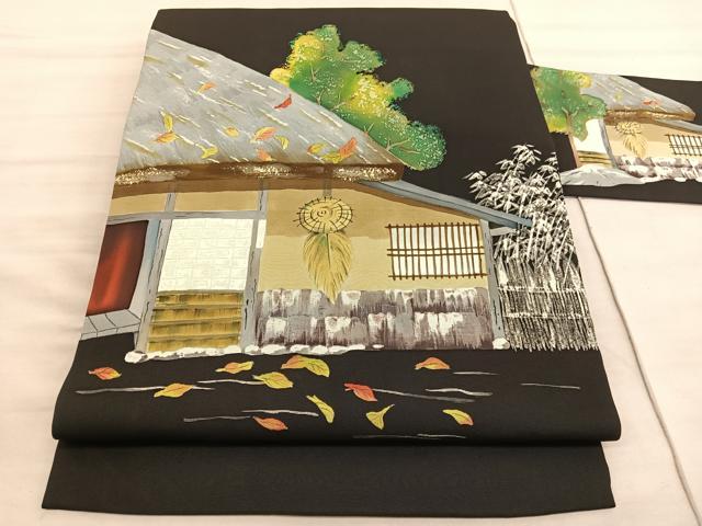 平和屋着物◎塩瀬　九寸名古屋帯　手描き　風景文　黒地　正絹　逸品　BAAV5549hv