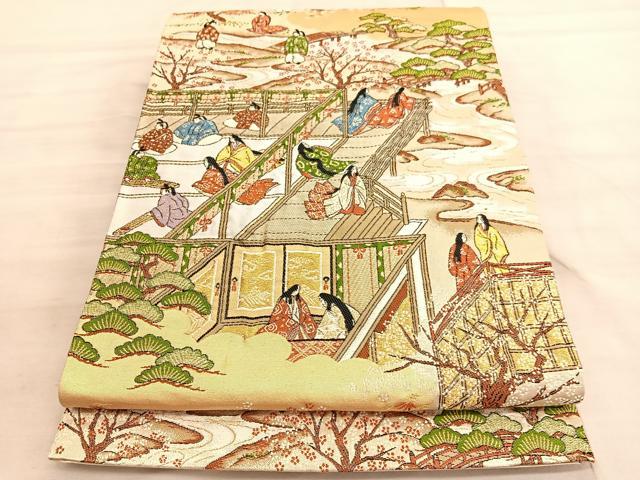 平和屋着物◎六通柄袋帯　唐織　人物風景文　金糸　正絹　逸品　未使用　BAAV8606hv