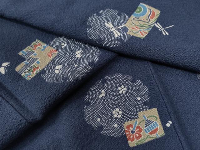 平和屋着物＊夏物 訪問着 絽 駒刺繍 流水 蜻蛉 とんぼ 黒地 金糸 正絹