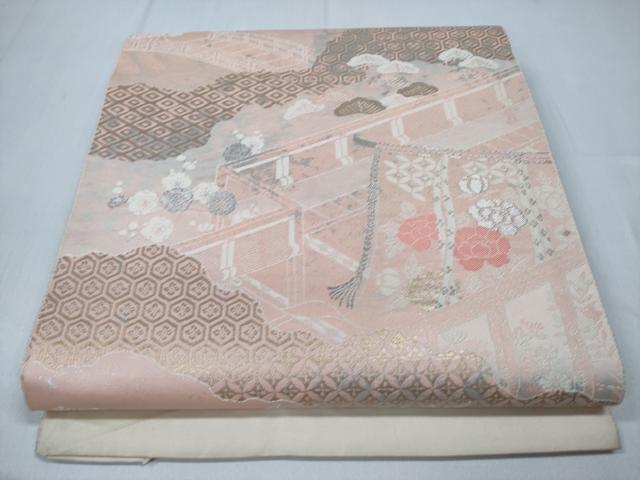 平和屋着物◎西陣　小倉織物謹製　六通柄袋帯　手織り錦　几帳松梅花文　金銀糸　正絹　逸品　未使用　CABD1706ha