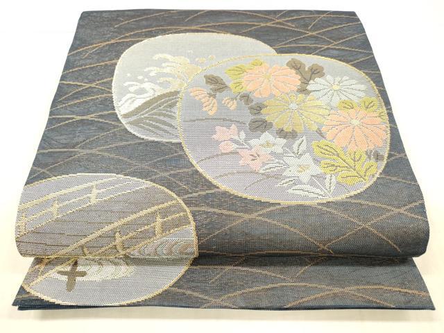 平和屋着物＊夏物　六通柄袋帯　渡橋流水草花文　金糸　正絹　逸品　DAAW4204cm