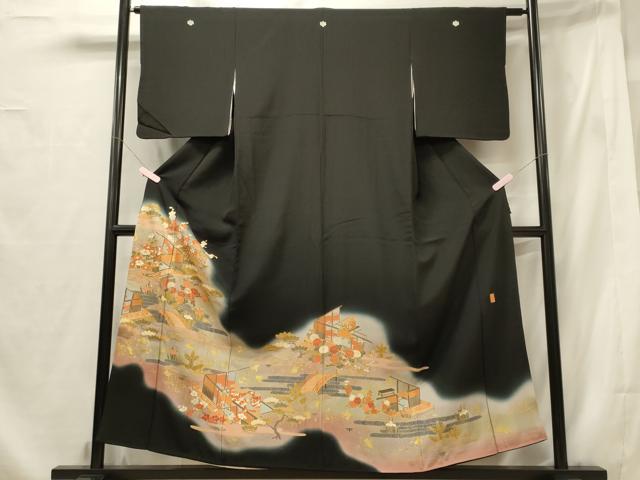 Full-Length Under-Kimono - 平和屋着物■豪華黒留袖　作家物　駒刺繍　渡橋花松文　暈し染め　金彩　正絹　逸品　CABF5936oy