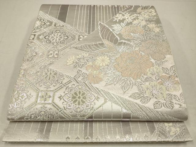 平和屋着物◎六通柄袋帯　色紙花蝶文　金銀糸　正絹　逸品　CABA3741qe