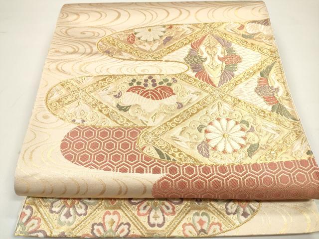 平和屋着物◎六通柄袋帯　唐織　向かい鳥吉祥花文　金糸　正絹　逸品　DAAW0891op