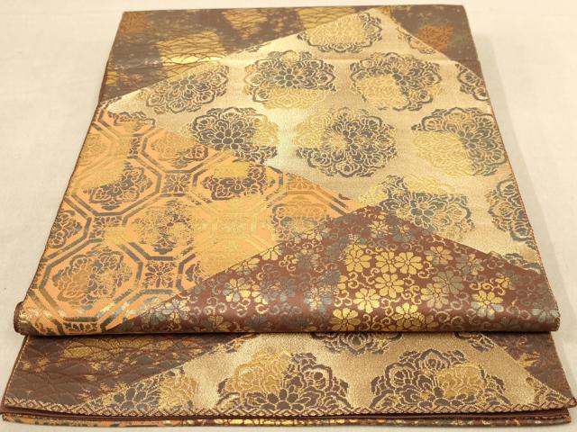 平和屋着物◎西陣　服部織物謹製　六通柄袋帯　切嵌花文　こはく錦　金糸　正絹　逸品　AAAZ5748dt
