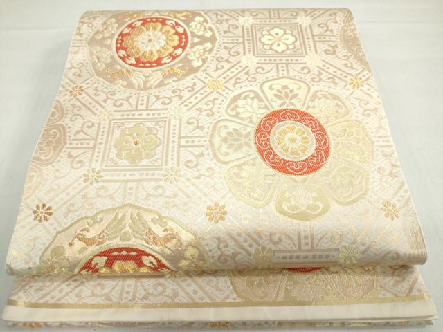 平和屋着物◎六通柄袋帯 花絵皿文 金糸 正絹 逸品 DABF1696u...