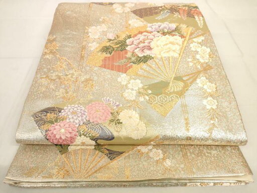 平和屋着物◎六通柄袋帯 扇面花文 金糸 正絹 逸品 AAAM8113yi 平和屋着物◎六通柄袋帯 扇面花文 金糸 正絹 逸品 AAAM8113yi