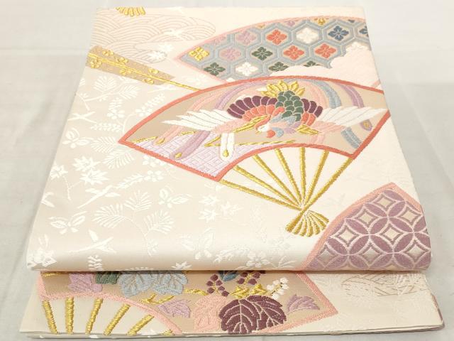 平和屋着物◎六通柄袋帯　唐織　扇面鳳凰花文　金糸　正絹　逸品　AAAN5580st(4)