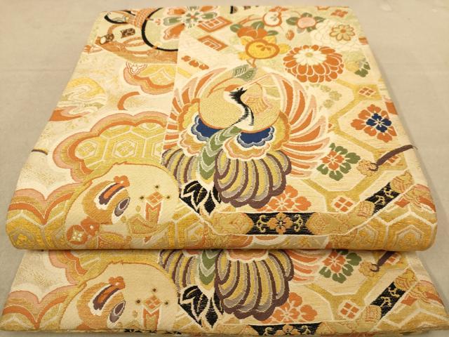 平和屋着物◎アンティーク　大正ロマン　丸帯　飛鶴花文　金糸　正絹　逸品　AABC8480dt