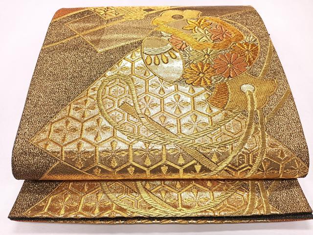 平和屋着物◎六通柄袋帯 吉祥花文 金糸 正絹 逸品 CAAL5608kb