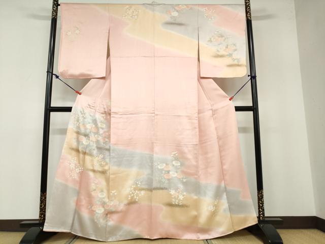 Full-Length Under-Kimono - 平和屋着物●訪問着　草花文　暈し染め　金銀彩　正絹　逸品　DABB0455ud