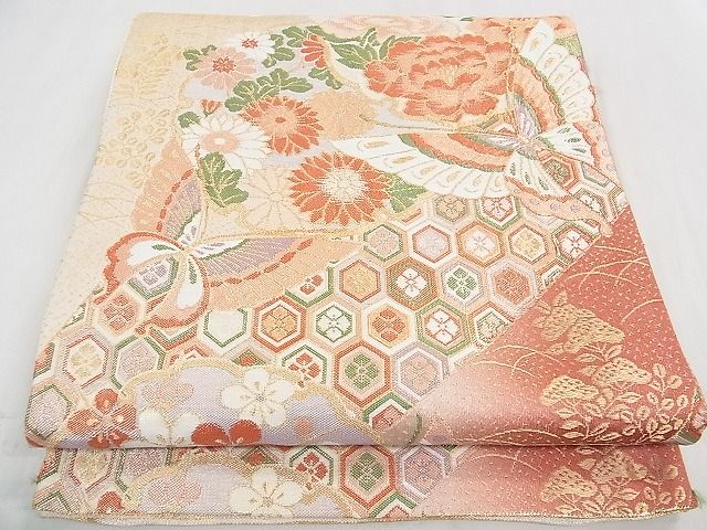 平和屋着物◎佐賀錦　両面　六通柄袋帯　雪輪吉祥舞蝶花文　金銀糸　逸品　CAAE2044yk