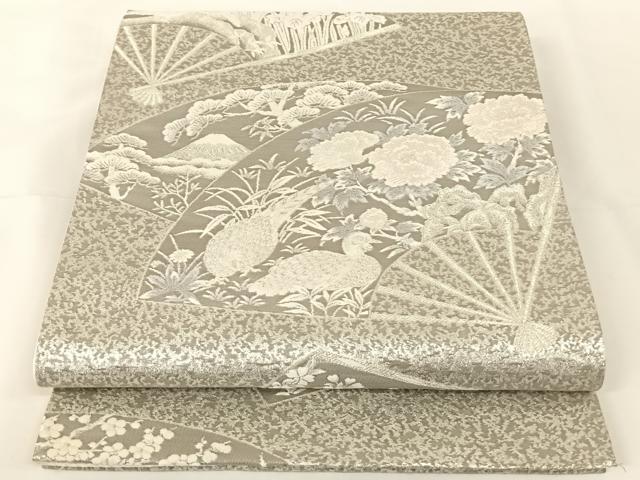 平和屋着物◎六通柄袋帯　扇面草花文　銀糸　正絹　逸品　AAAM8460wt