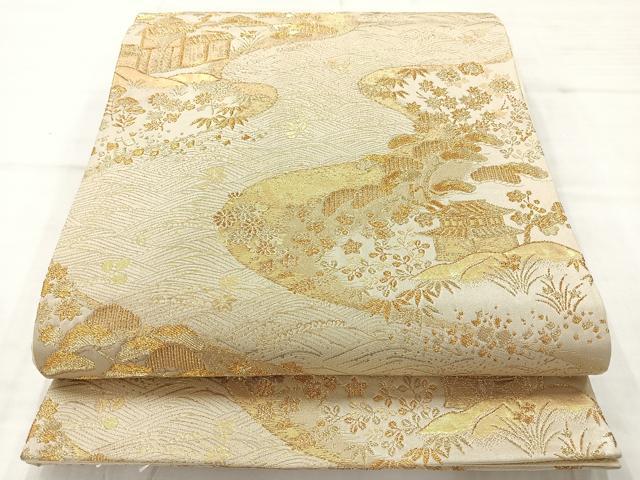 平和屋着物◎六通柄袋帯　宝彩錦　風景花文　金糸　正絹　逸品　AABC8810uk