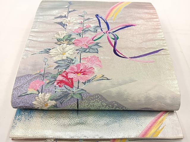 平和屋着物◎六通柄袋帯　唐織　風景花蝶文　銀糸　正絹　逸品　BAAT6221ea