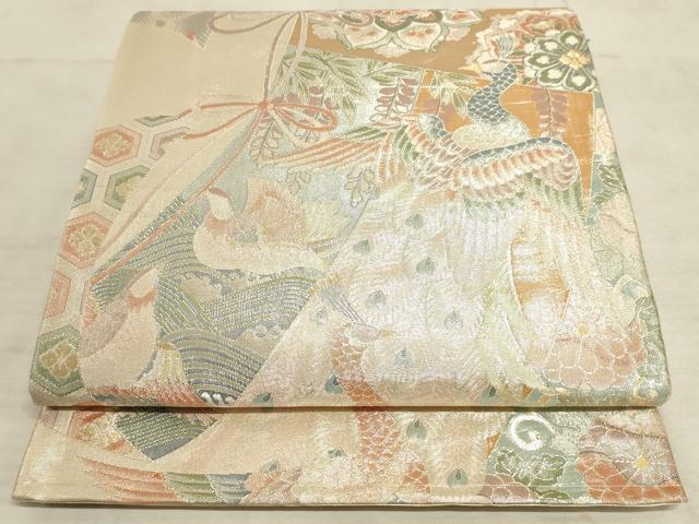 平和屋着物◎六通柄袋帯　几帳花鳥文　孔雀　鴛鴦　金銀糸　正絹　逸品　AAAM3776sx