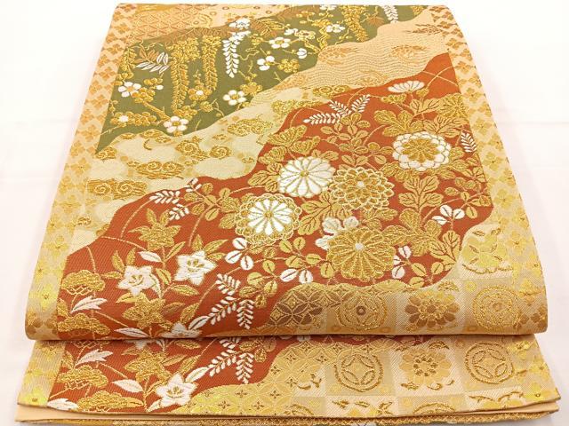 平和屋着物◎六通柄袋帯 唐織 道長草花文 金糸 正絹 逸品 BAAT6218ea