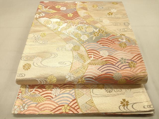 平和屋着物◎六通柄袋帯　飛鶴吉祥花文　金銀糸　正絹　逸品　未使用　DAAY4255jm