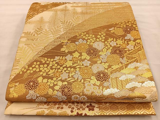 平和屋着物◎六通柄袋帯 唐織 遠山檜垣秋草文 金銀糸 正絹 逸品 BAAT9286wb