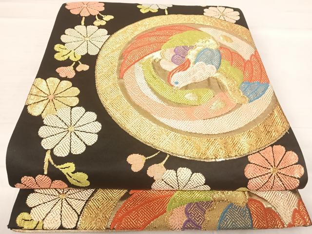 平和屋着物◎六通柄袋帯　花鳥丸文　黒地　金糸　正絹　逸品　AABE7216yx