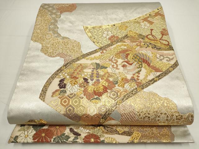 平和屋着物▼六通柄袋帯　唐織　鳳凰花絵巻文　金銀糸　正絹　逸品　AABA8471wj