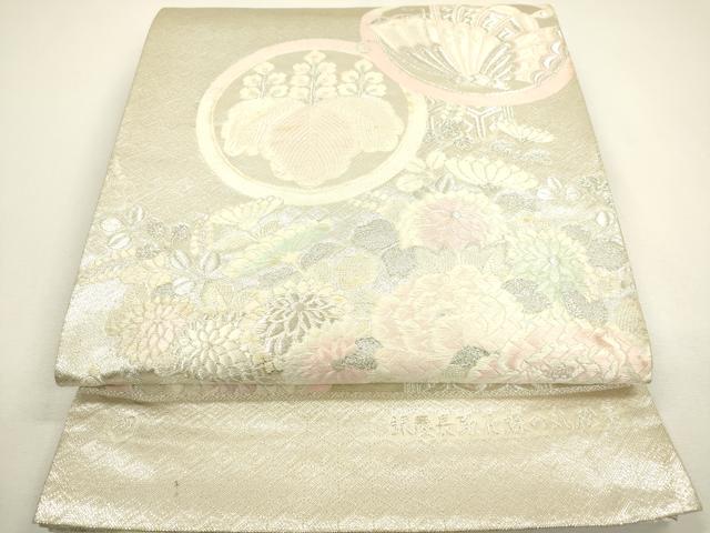 平和屋着物◎両面　六通柄袋帯　唐織　作家物　銀慶長取花蝶の丸松葉　銀糸　正絹　逸品　DAAY6098ea