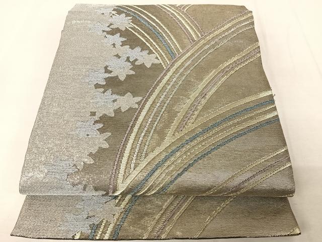 平和屋着物＊夏物　六通柄袋帯　草花シルエット　黒地　金銀糸　正絹　逸品　AAAY1669np