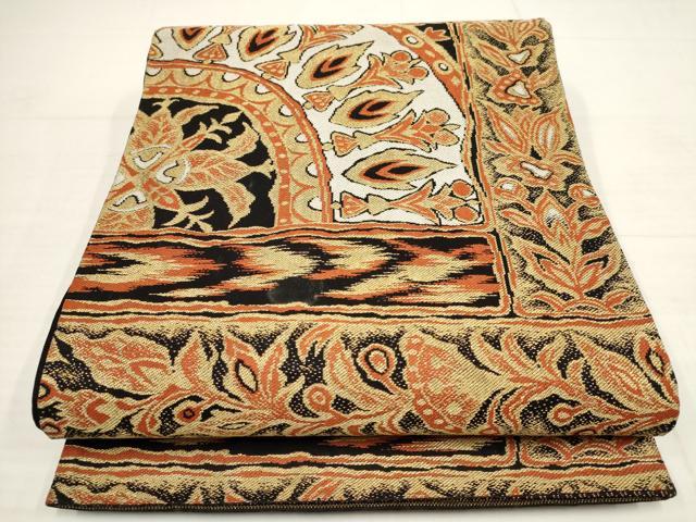 平和屋着物◎六通柄袋帯　更紗花文　黒地　金糸　正絹　逸品　AABB4615wj
