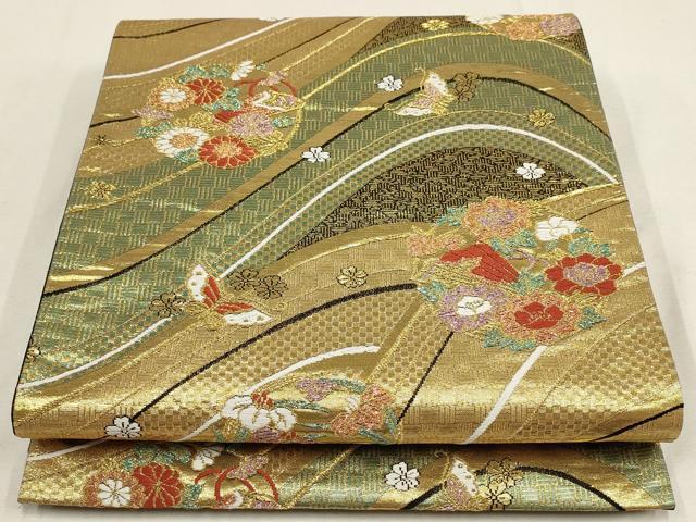 Rakuten - 平和屋着物▼六通柄袋帯 流水花蝶丸文 黒地 金糸 正絹 逸品 AABD8244wj