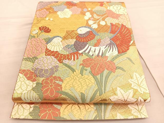 平和屋着物▼佐賀錦　六通柄袋帯　唐織　鴛鴦花文　金糸　正絹　逸品　未使用　BAAV5727hv