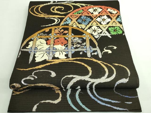 平和屋本店■最高級　夏物　龍村平蔵製　太鼓柄　本袋帯　加茂川錦　憲法黒茶色地　金銀糸　逸品　DZAB0524kh5