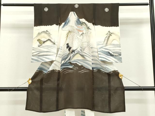 平和屋着物＊夏物　お宮参り　男の子　祝着　産着　初着　のしめ　絽　鶴　立波風景文　金彩　逸品　CAAR6770ze