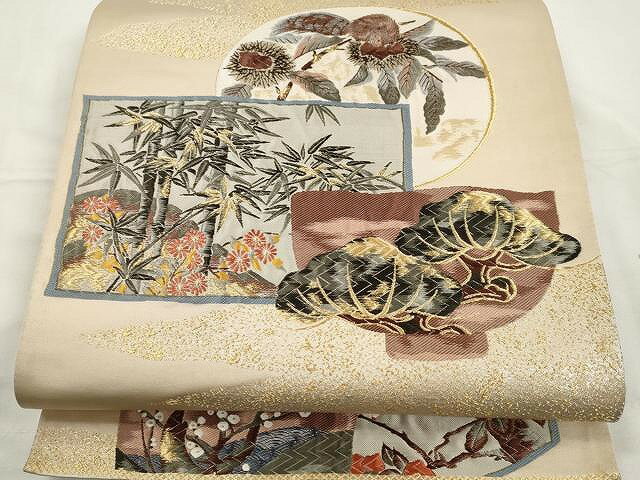 平和屋着物●西陣 「美しいキモノ」お馴染みのメーカー となみ織物 六通柄袋帯 唐織 笹竹動物花文 金糸 ..