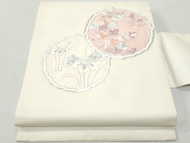 平和屋着物＊夏物　九寸名古屋帯　総刺繍　駒刺繍　絵皿花文　銀糸　正絹　逸品　CAAW5509fb