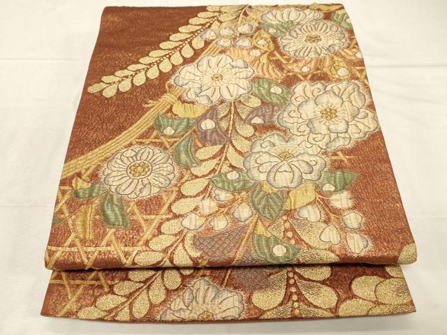 平和屋着物▼六通柄袋帯　ふくれ織　天祥辻が花　金糸　正絹　逸品　CABC4552dy