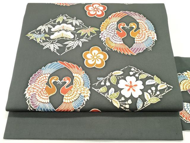 平和屋着物●塩瀬　全通柄九寸名古屋帯　型染め　向かい鳥花松菱文　藍鉄色　正絹　逸品　未使用　DAAW6815ob