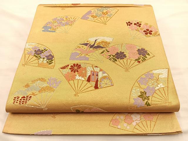 平和屋着物◎六通柄袋帯　唐織　扇面飛鶴花文　金糸　正絹　逸品　BAAS5583du