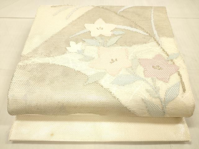 平和屋着物＊夏物　太鼓柄袋帯　草花文　銀糸　正絹　逸品　DAAV3934cm